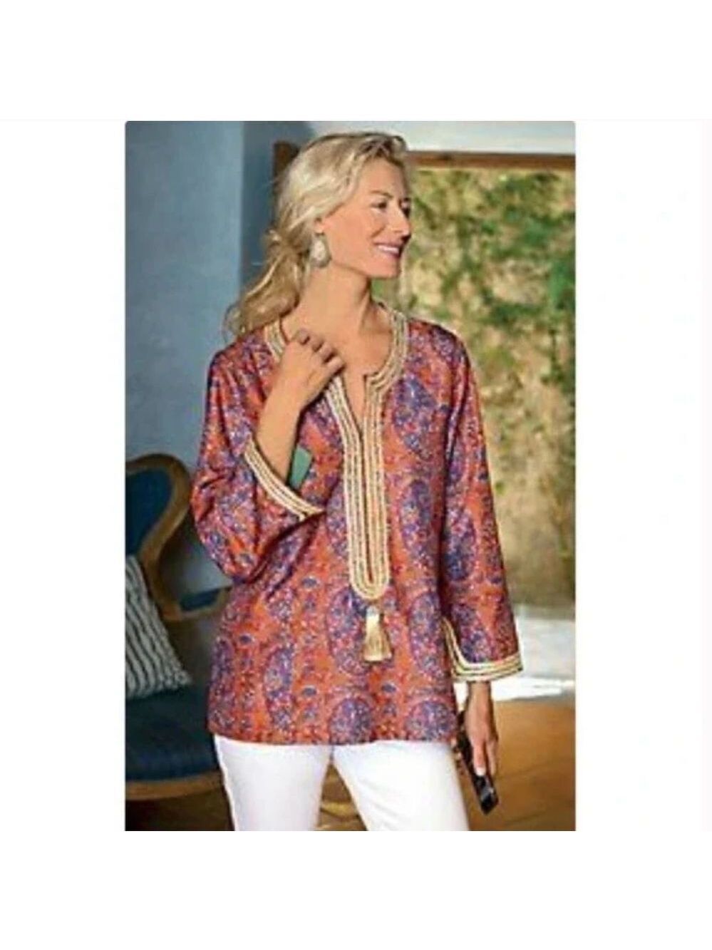 Soft Surroundings Moroccan Embroidered Embellished Tunic Top